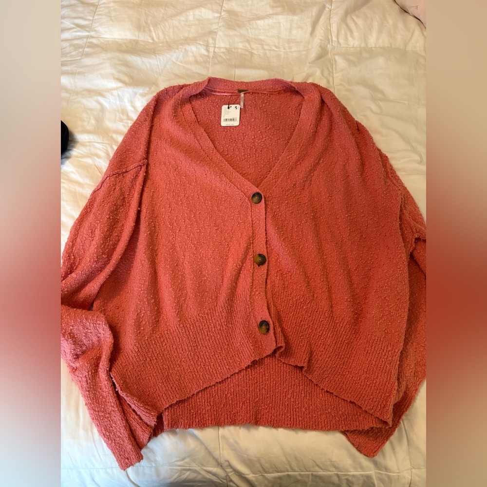 Free People Coral Pink Button-Front Open Cardigan